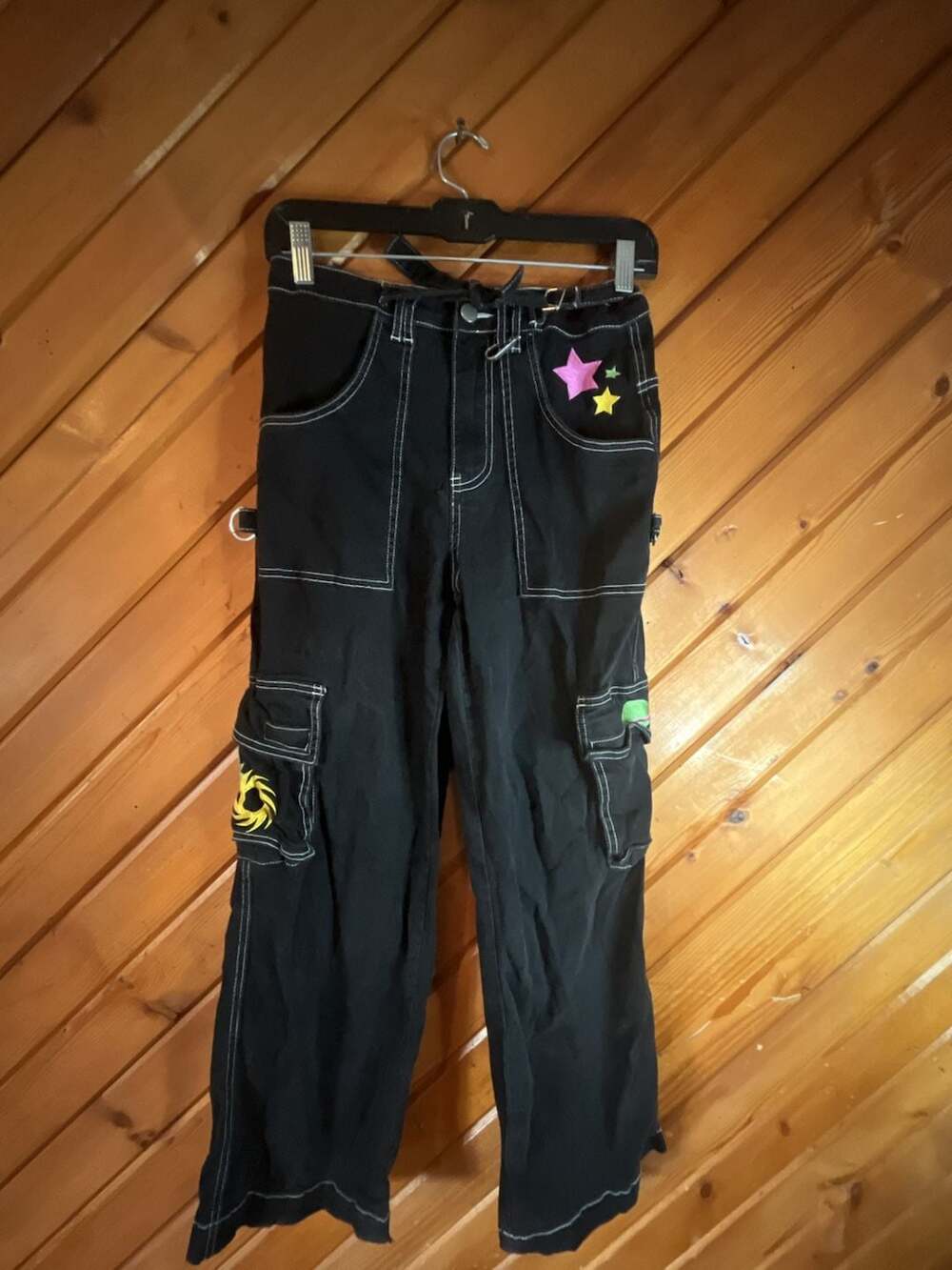 A.LAB Leo Y2K Rave Black Wide Leg Cargo Pants Size S Black